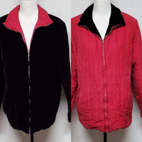 Vintage 1980s Easy Spirit Reversible Black Velvet Red Silk Qulited Filled Jacket - Picture 1 of 16